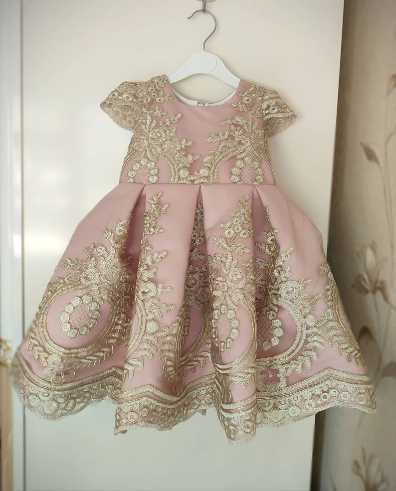 Appliqued Toddler Baby Girl Dress With Gold Lace