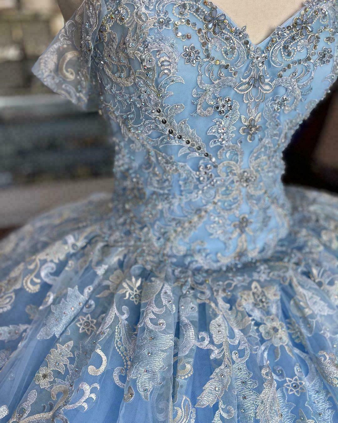 Dusty Blue V-Neck Ball Gown Quinceanera Dress