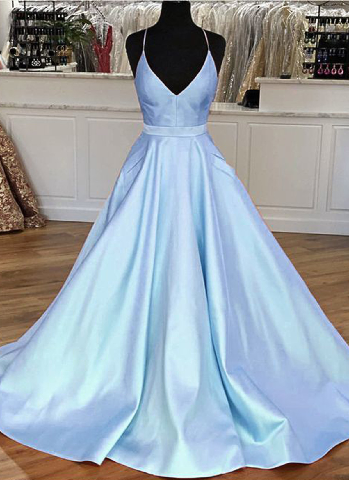 V Neck Blue Simple Prom Dresses With Pockets Long Special Occasion Pageant Evening Gowns