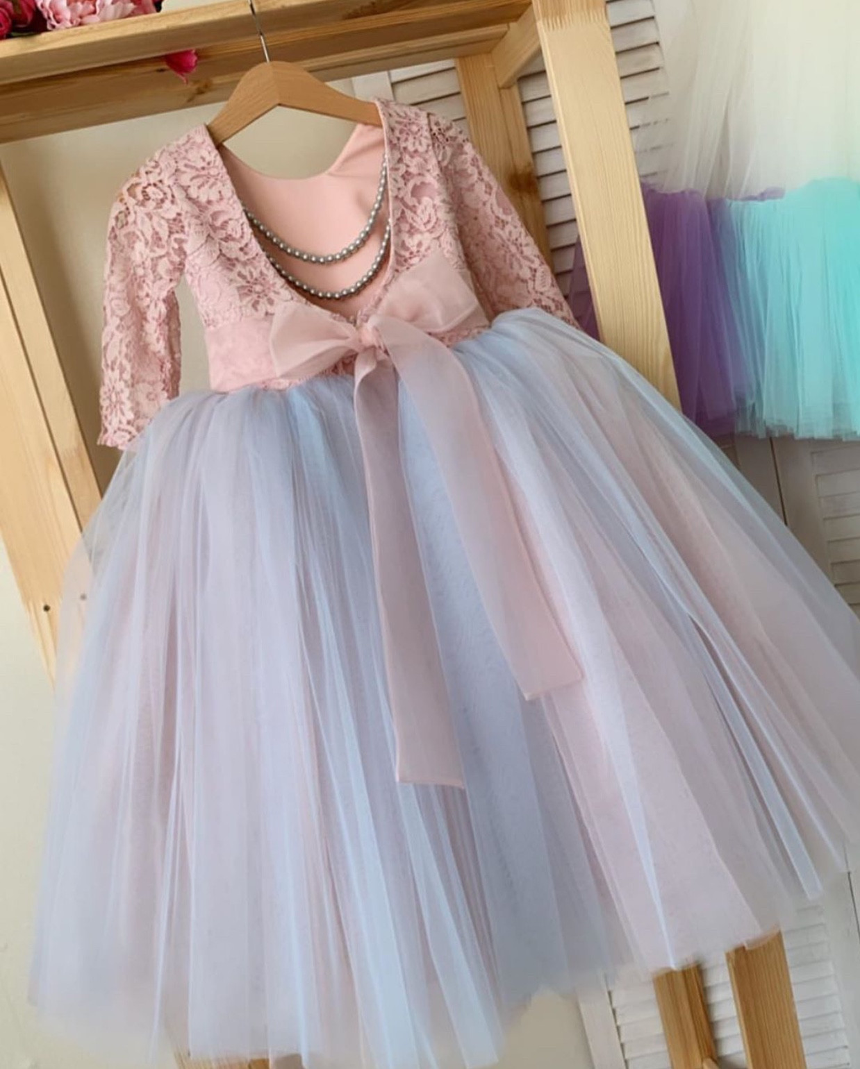 Long Sleeves Tulle Lace Girl Dress