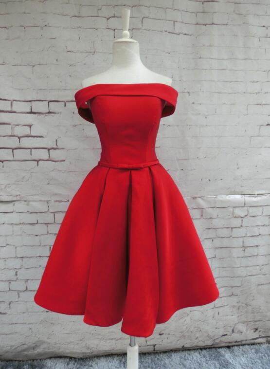 Off Shoulder Short Red Satin Semi Formal Occasion Dresses Birthday Party Year Wear