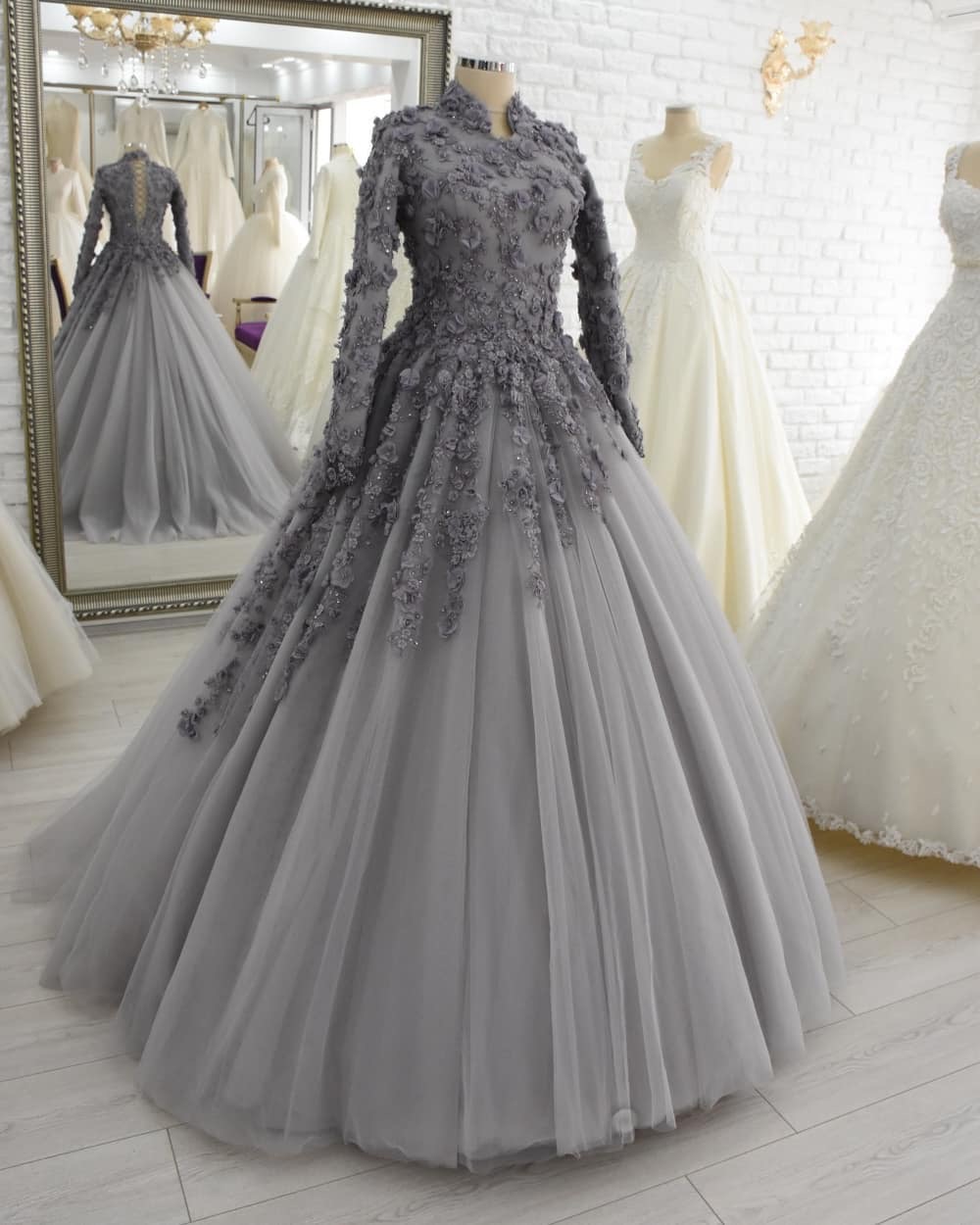 Long Sleeves Grey Formal Occasion Dresses Evening Gowns