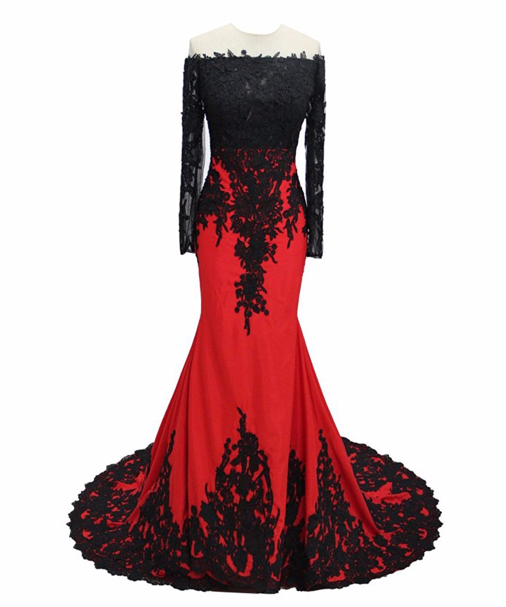 Long Sleeves Sheer Neck Red Formal Occasion Dresses With Black Lace on ...