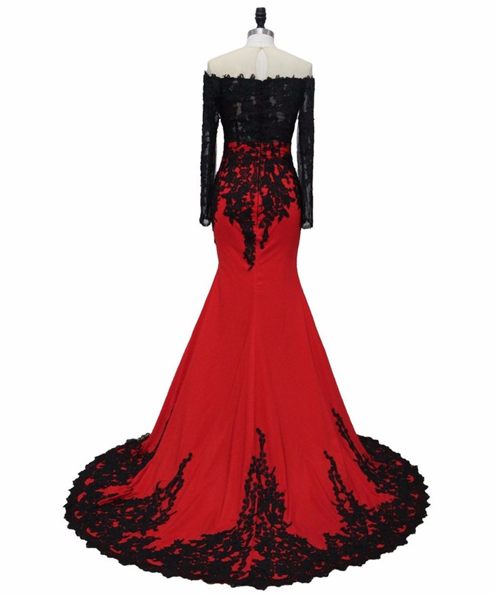 Long Sleeves Sheer Neck Red Formal Occasion Dresses With Black Lace on ...