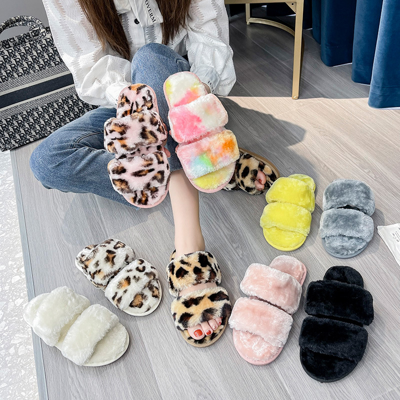 Open Toe Two Band Fluffy Home Slippers For Women Shoes