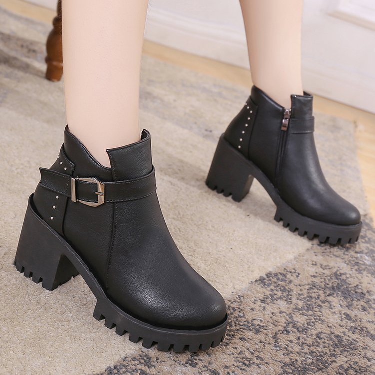 Rhinestone Decor Chunky Heeled Women Shoes Classic Teenage Black Boots