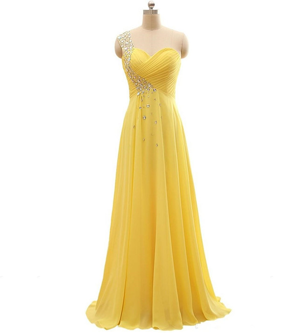 One Shoulder Yellow Maxi Dress Long Pageant Dresses Flowy Evening Gowns