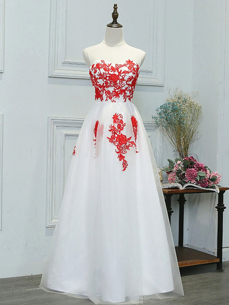 A-line Sheer Sweetheart Neckline White Long Formal Occasion Dress With Red Lace Evening Gowns
