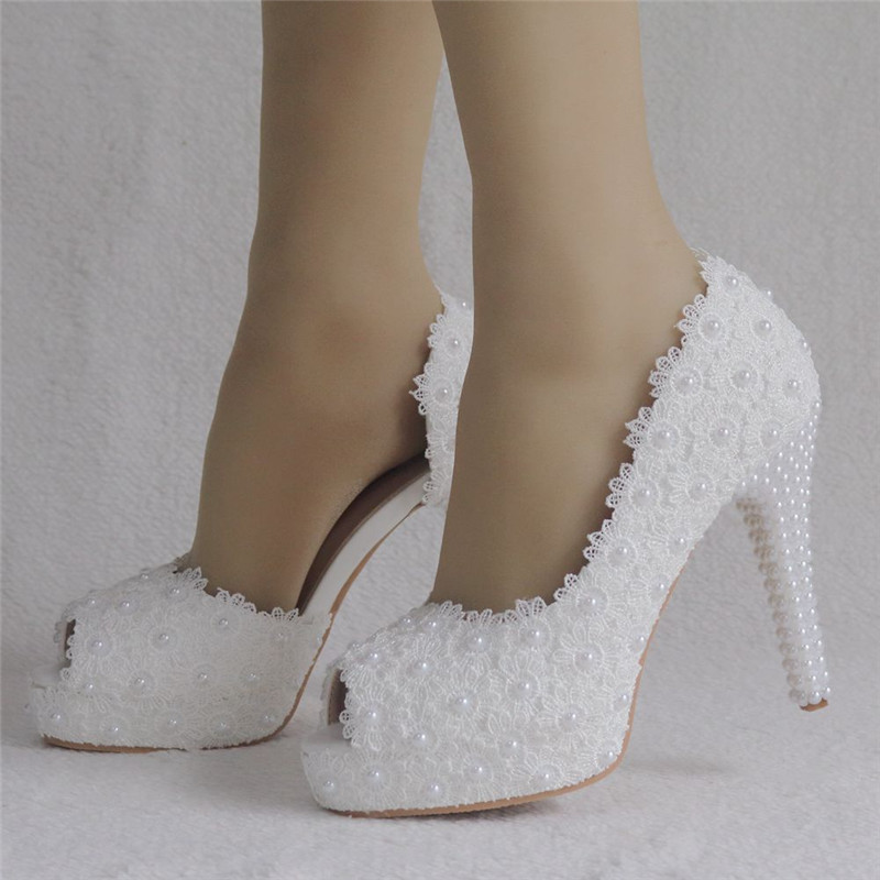 Peep Toe White Lace Wedding Shoes
