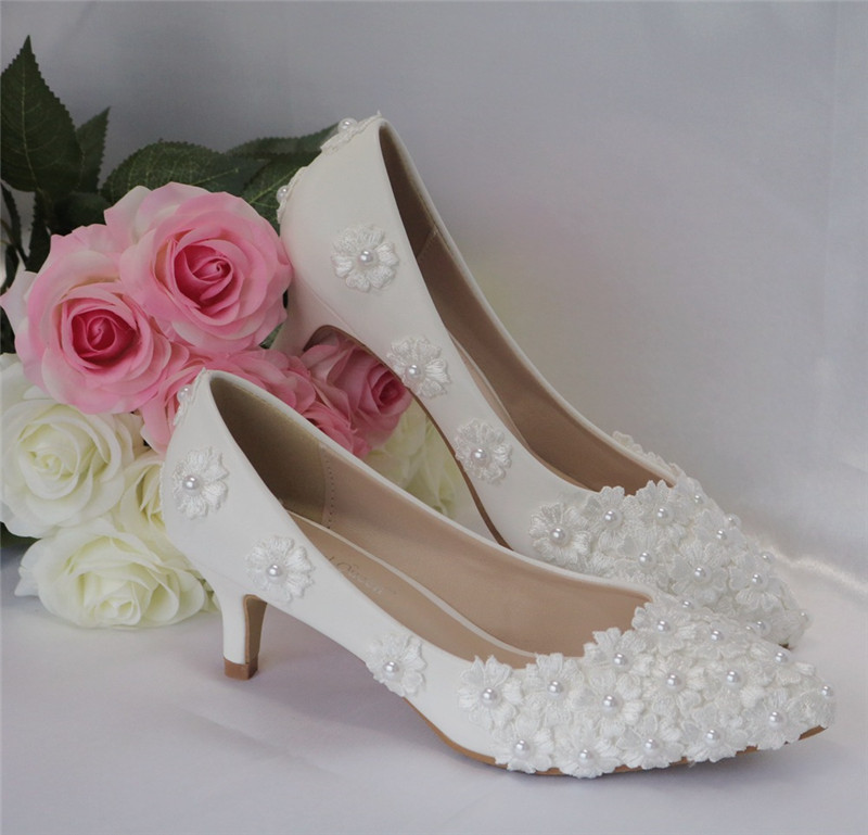 Women's Closed Toe White Kitten Heel Wedding Shoes
