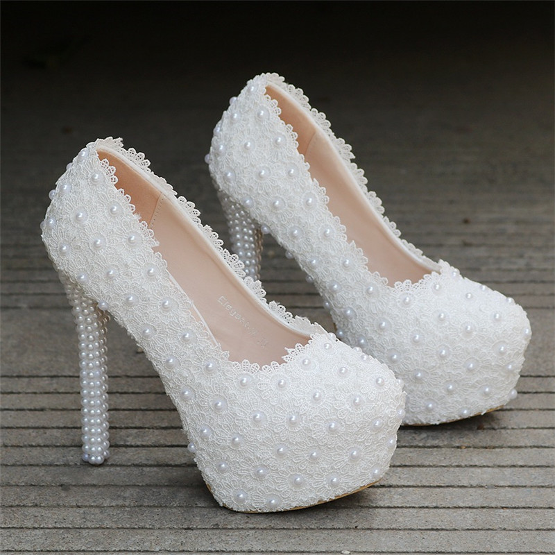 Platform Heels White Lace Wedding Shoes on Luulla