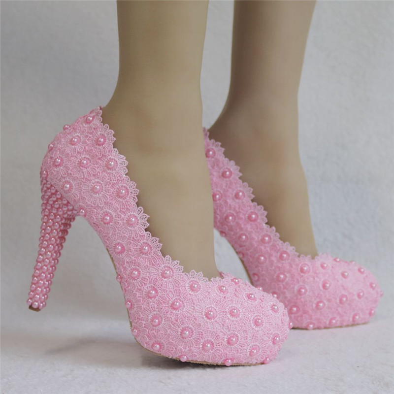 Platform Heels Pink Lace Women Wedding Shoes