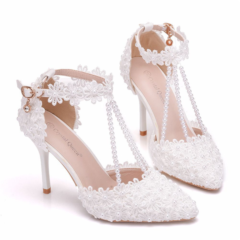 Ankle Straps Summer Wedding Shoes For Brides Lace Pearld Decor Sandals