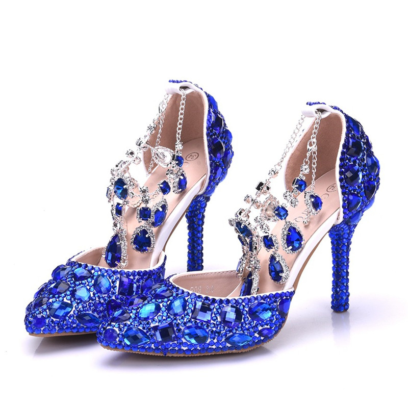 Royal Blue Crystals Women Heels Prom Shoes
