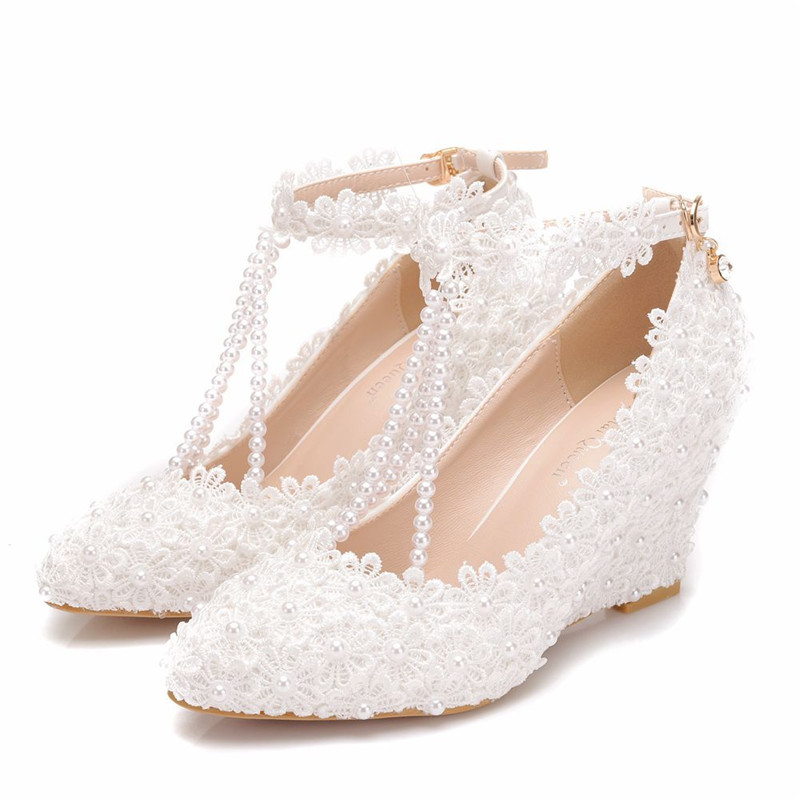 White Floral Lace Wedge Shoes on Luulla