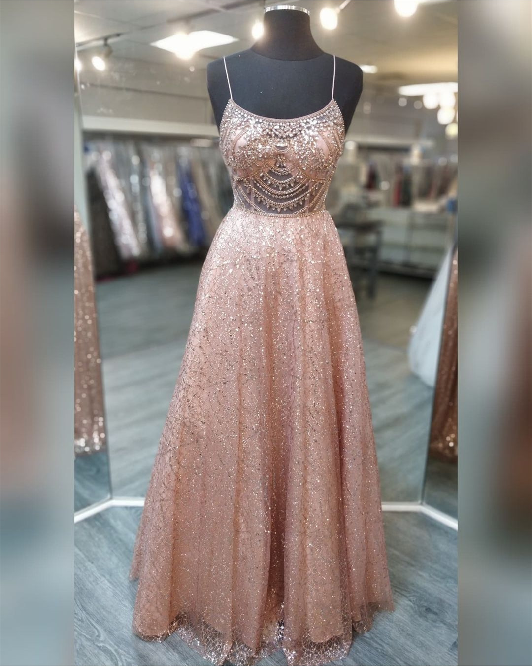 Scoop Neck Rose Gold Glitter Prom Dresses Evening Gowns With Sheer Bodice