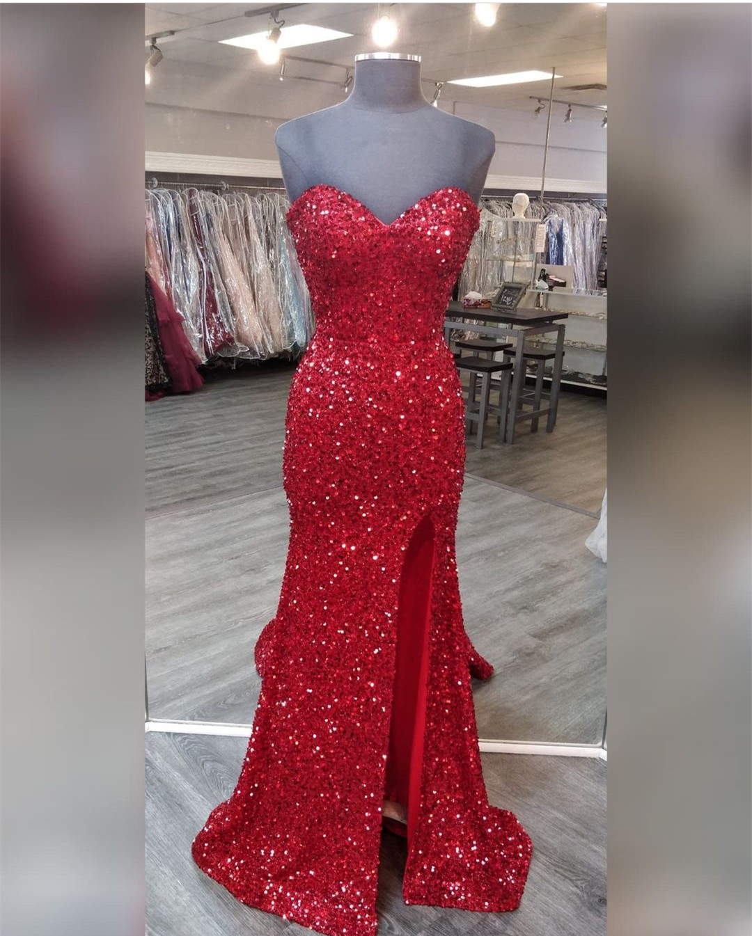 Sleevless Red Sequin Prom Dresses Evening Gowns With Slit