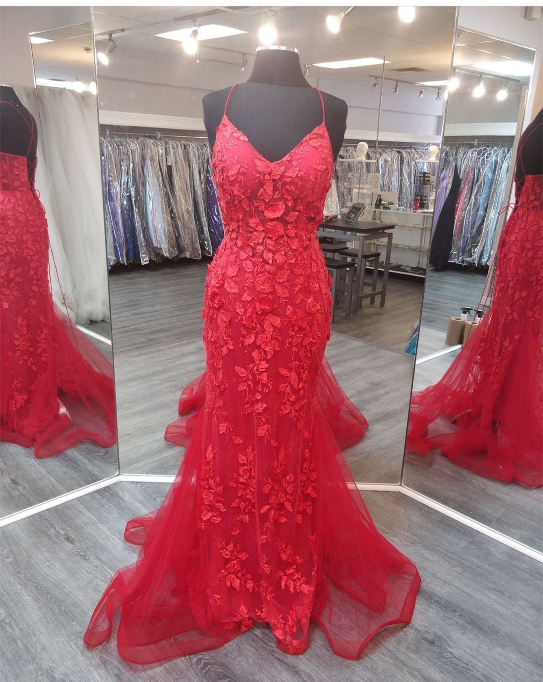 V Neck Red Prom Dresses Evening Gowns With Tie Back