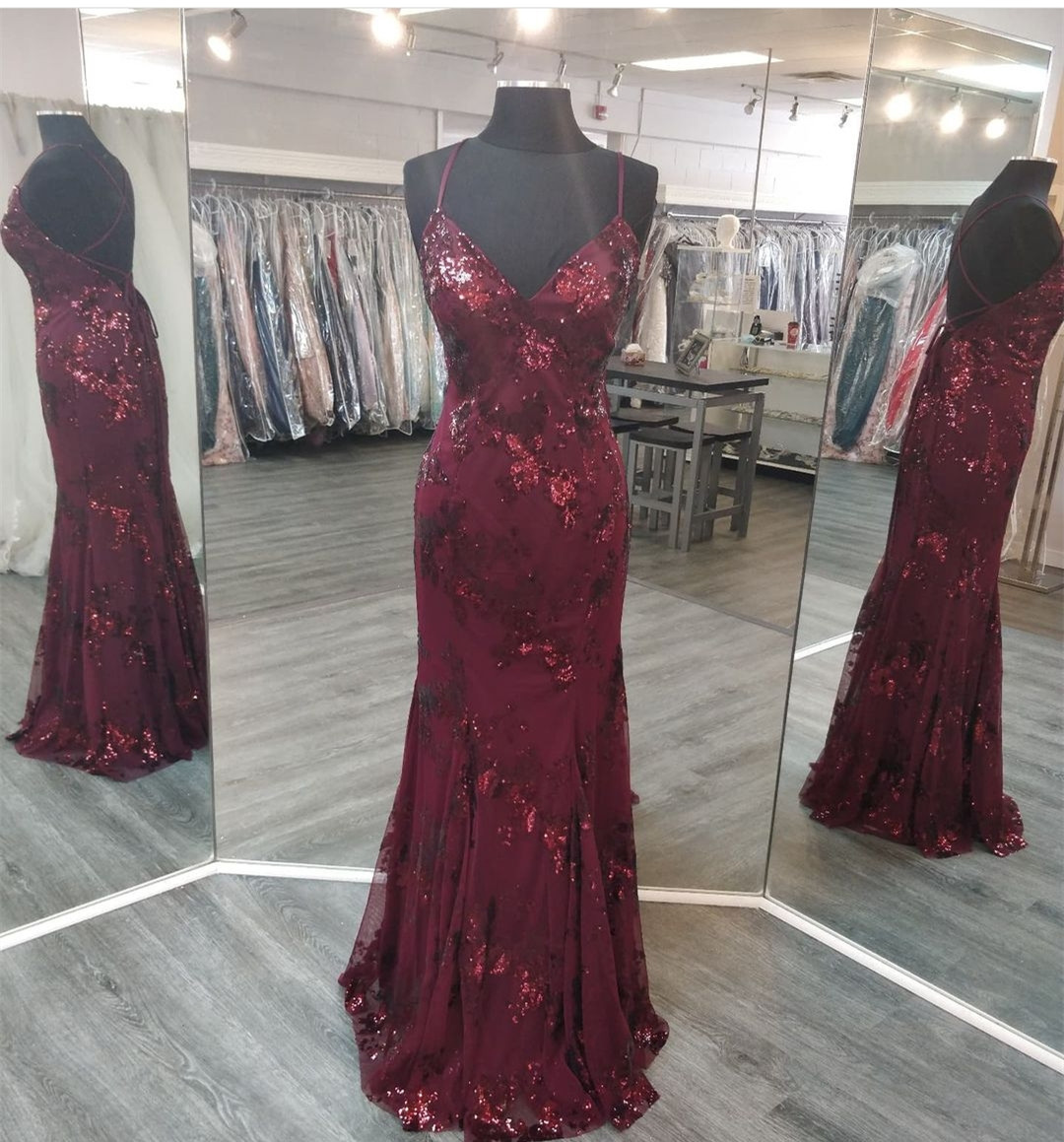 V Neck Maroon Prom Dresses Evening Gowns with Sequin Appliques