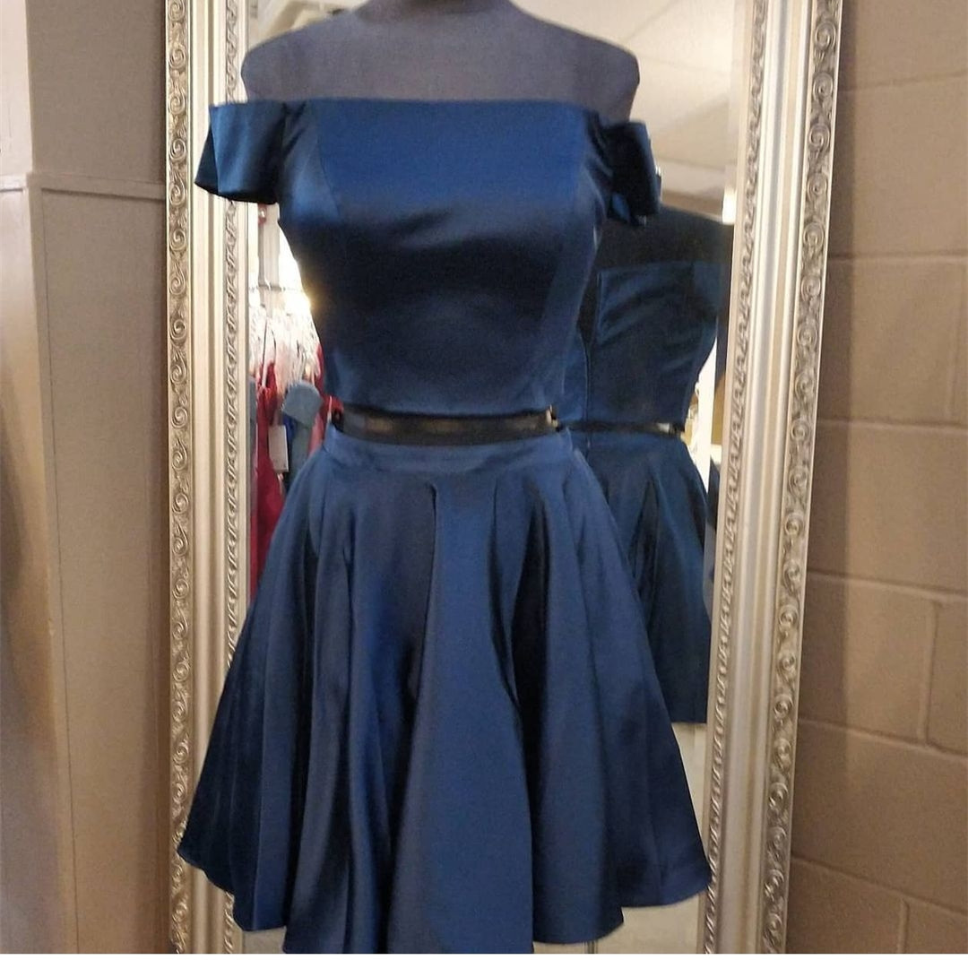 Two Pieces Navy Satin Short Prom Dresses For Hoco Party