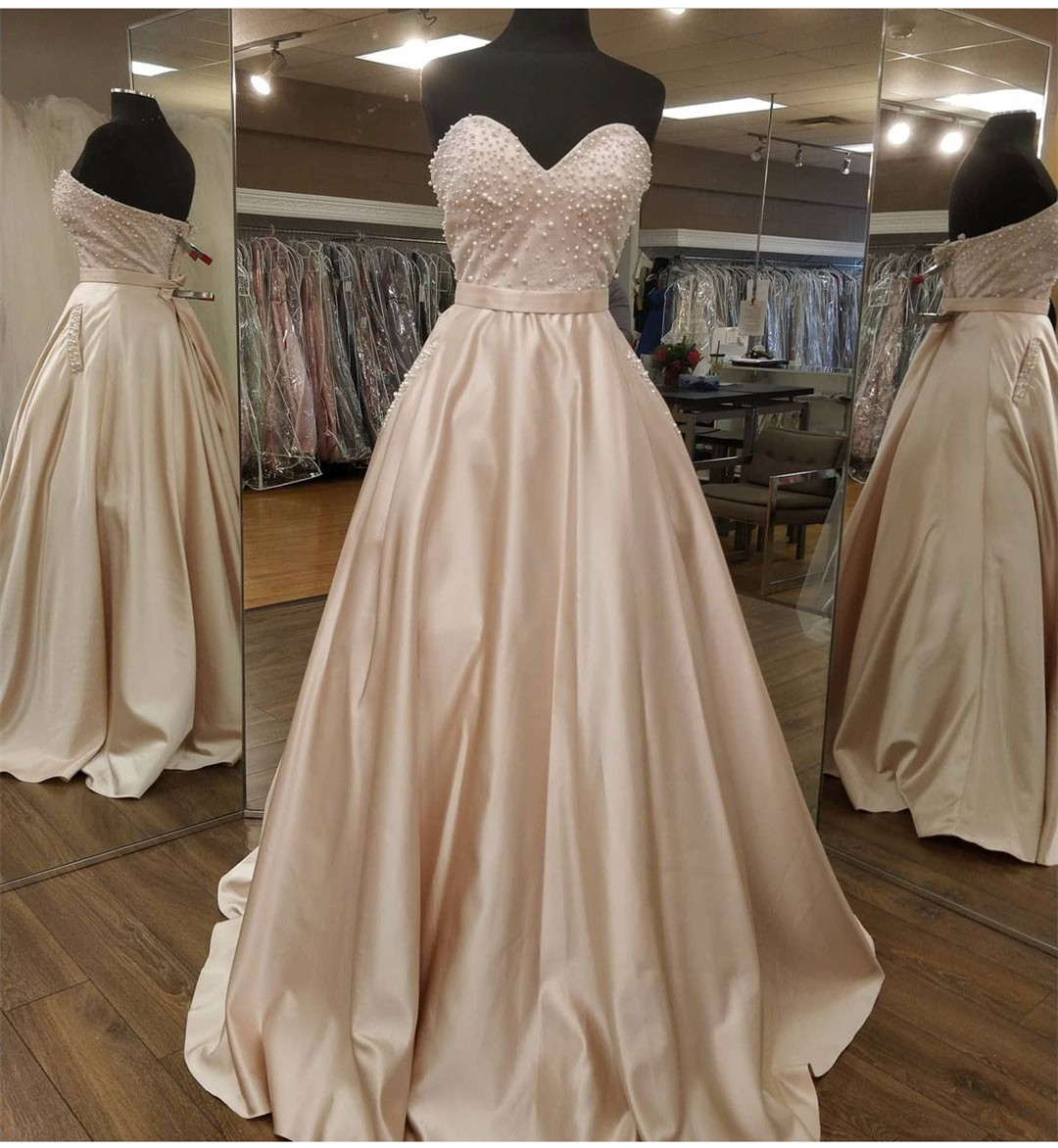 Sweetheart Neck Satin Prom Dresses Evening Gowns With Pearls
