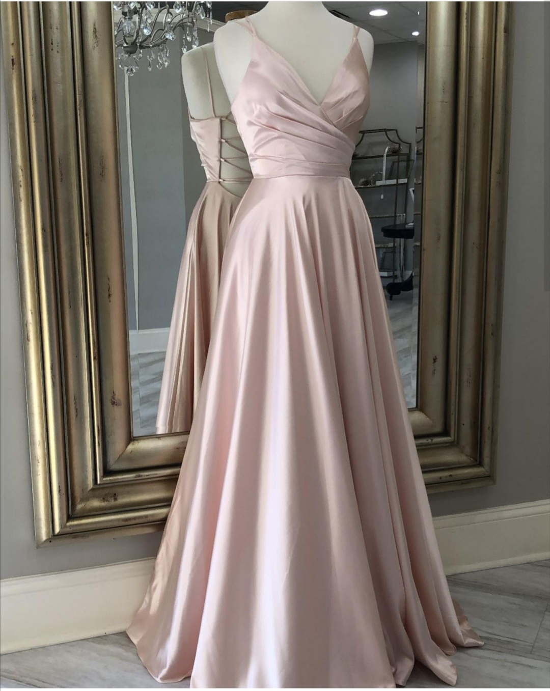 V Neck Prom Dress Long Evening Gown With Tie Back