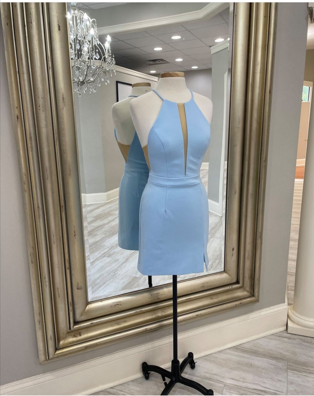 Mesh Neck Short Blue Bodycon Dress Party Wear