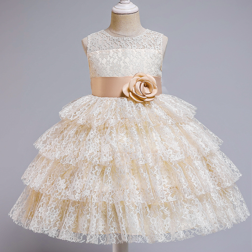 Tiered Champagne Lace Flower Girl Dress With Belt