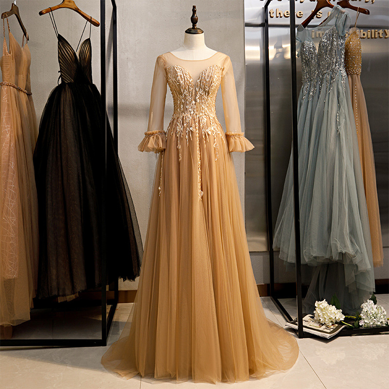 Long Sleeves Embroidered Gold Evening Gowns Formal Occasion Dress