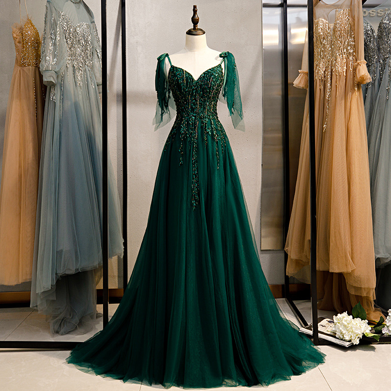Embroidered Dark Green Long Evening Dresses With Beads