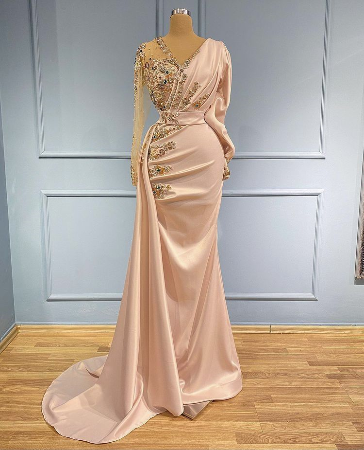 Long Sleeves V Neck Pageant Dress Evening Gown With Beads
