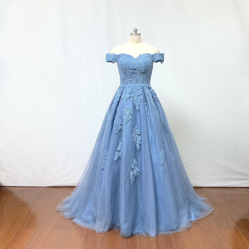 Off The Shoulder Blue Ball Gown Prom Dresses Long Evening Gowns