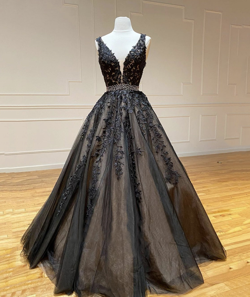 Mesh Plunging Neck Prom Dress With Black Lace