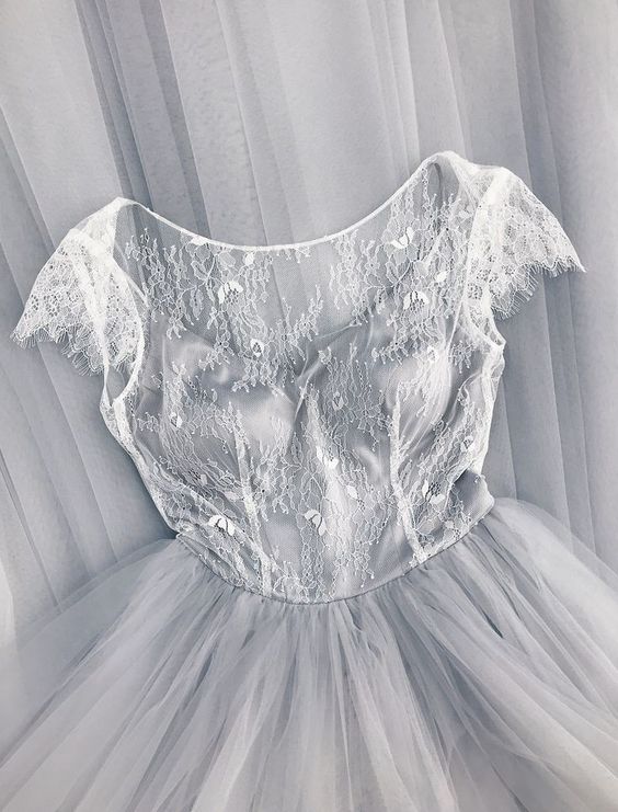 Gray Lace Tulle Boho Wedding Dress