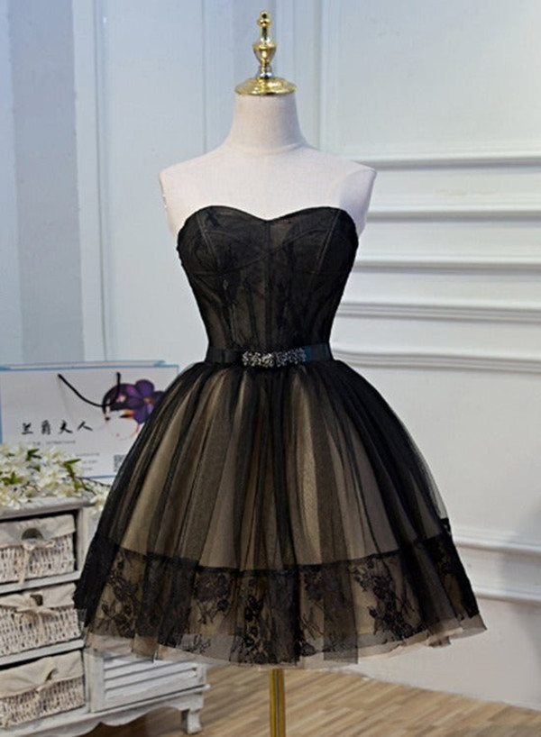 Sweetheart Champagne Black Short Party Dress With Belt