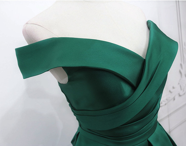 A Line Ruched Off The Shoulder Green Satin Prom Dress With Slit