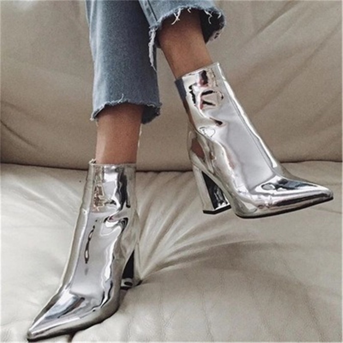 Metallic Chunky Heeled Silver Women Boots