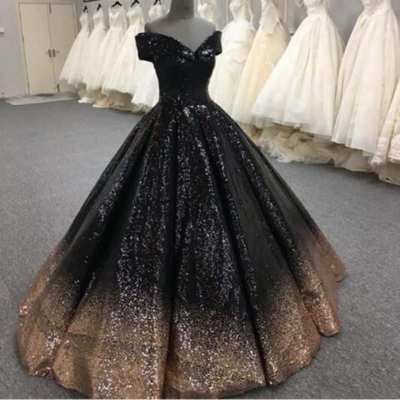 Two Tone Sequin Off Shoulder Ball Gown Prom Dress