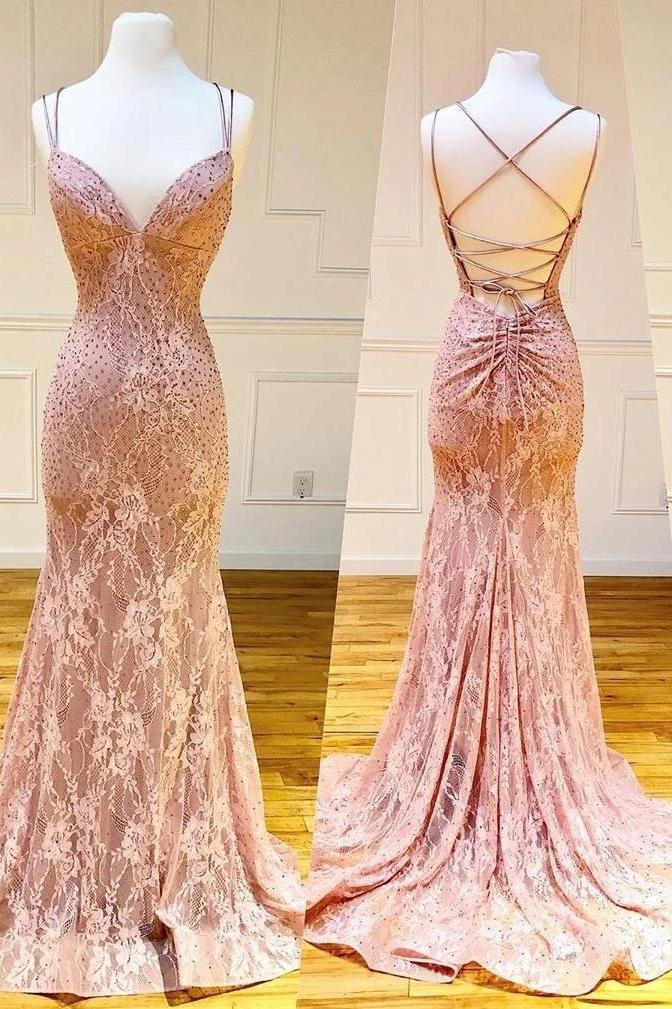 Rhinestones Decor Fitted Lace Prom Dress With Lace-up Back