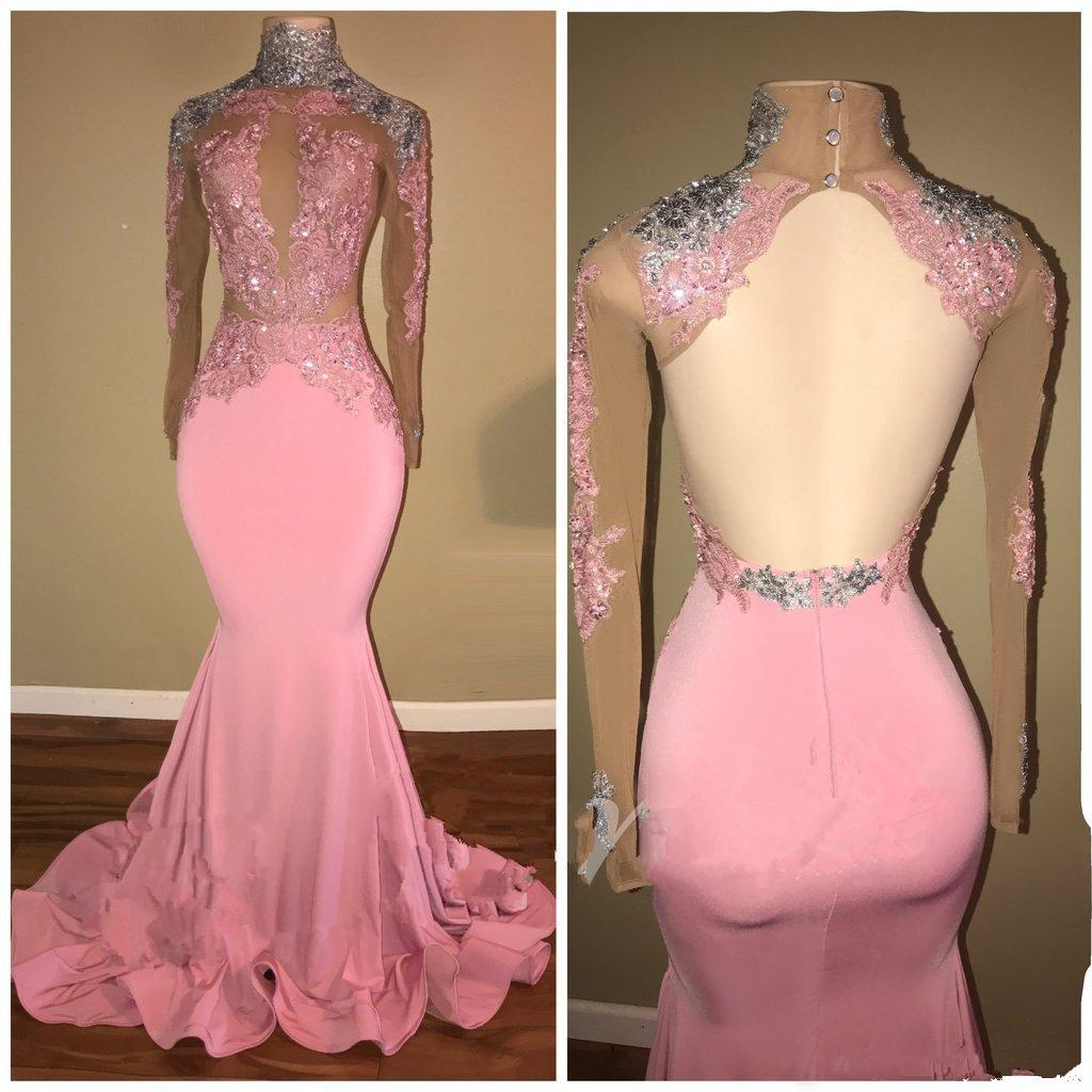 High Neck Appliqued Sheer Bodice Backless Prom Dresses Long Sleeves on