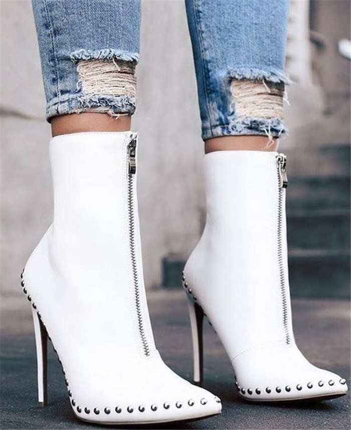 Black White Front Zipper Heeled Boots Women