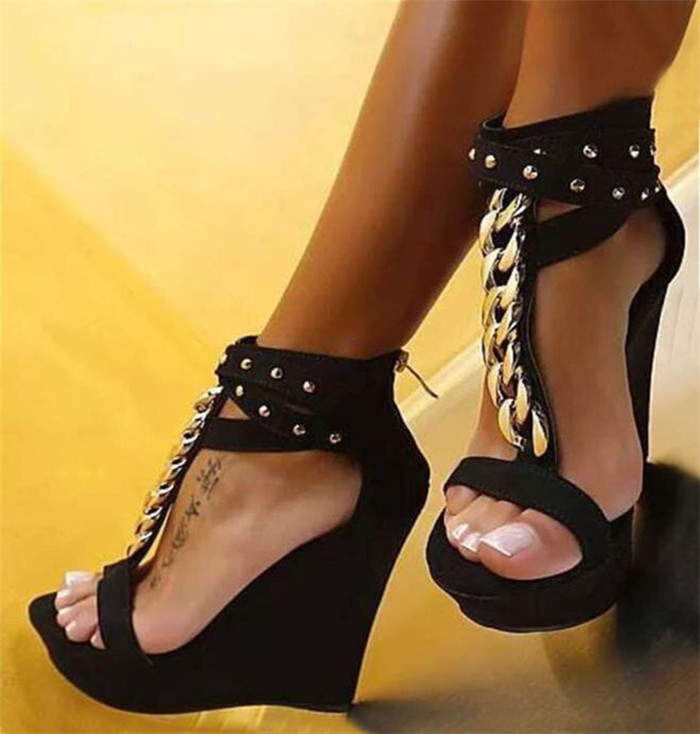 Metal Chains Decor Black Wedges Shoes Women