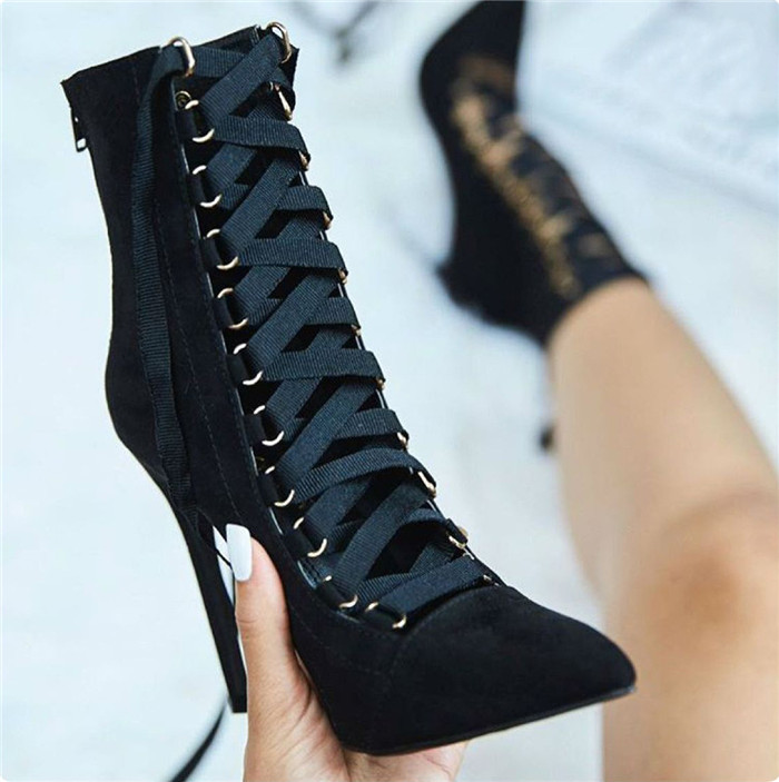 Lace-up Front High Heeled Suede Boots