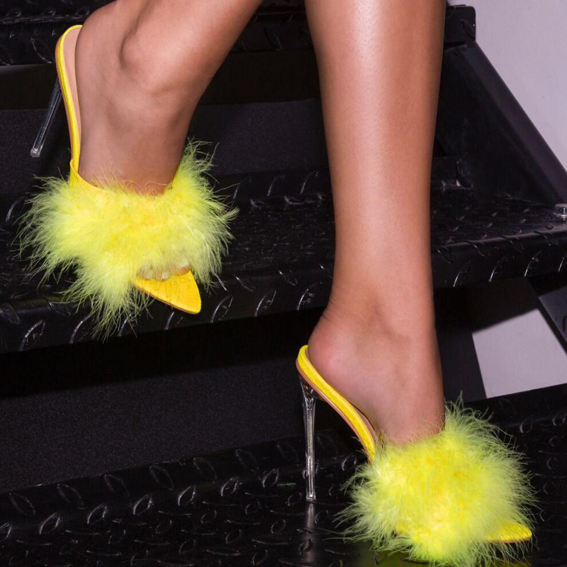 Fluffy Front Mules Sandals With Clear Stiletto Heels