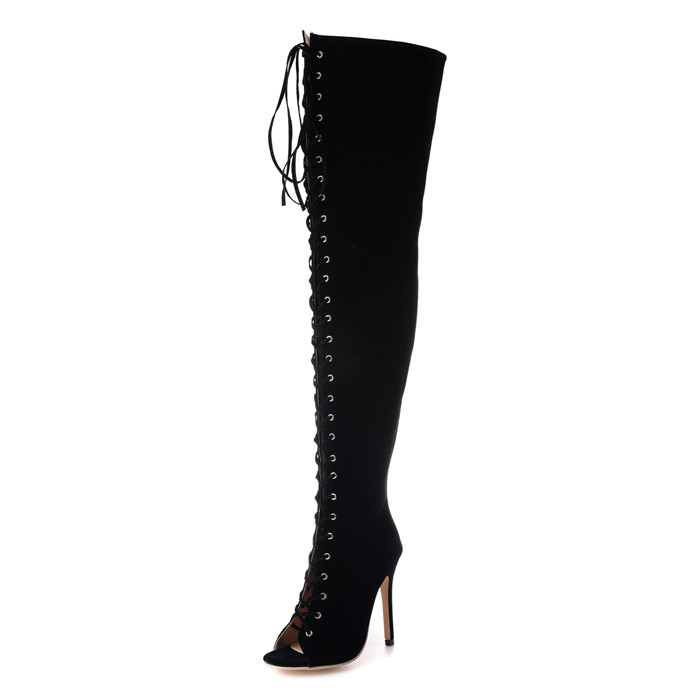 Peep Toe Lace-up Heeled Knee High Boots on Luulla