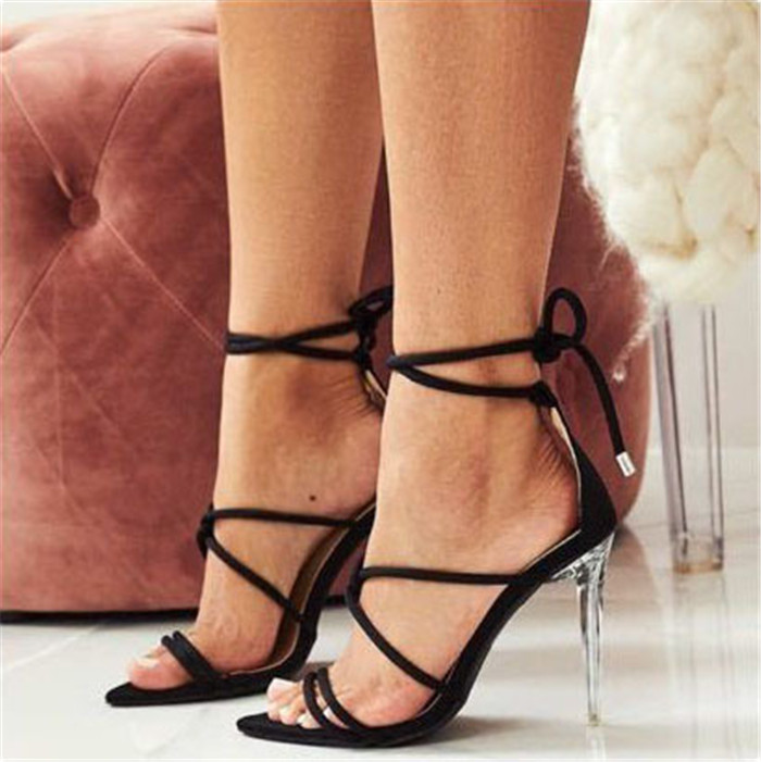 Strappy Thong Black Women Sandals With Clear Stiletto Heels
