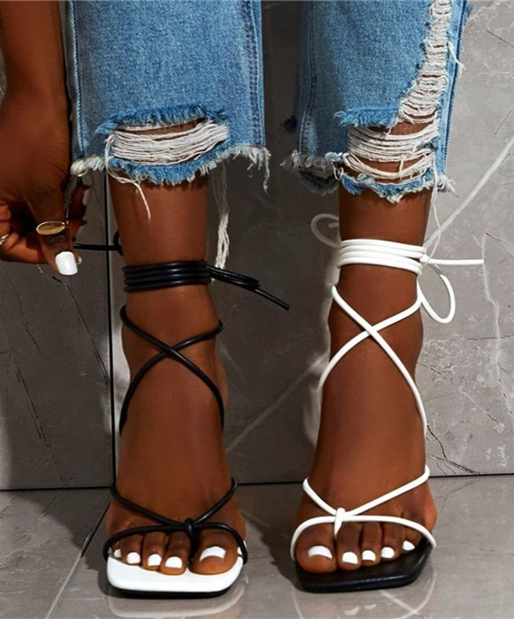 Black & White Two Colors Tie Stap Sandals