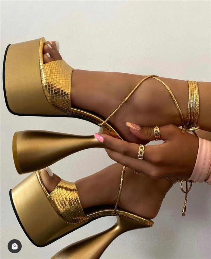 Tie Leg Embossed Gold Platform Sandals