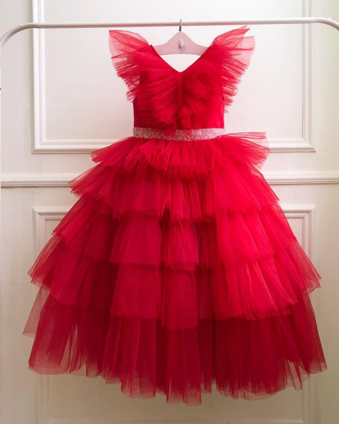 Red Tulle Girl Pageant Dresses With Beaded Belt