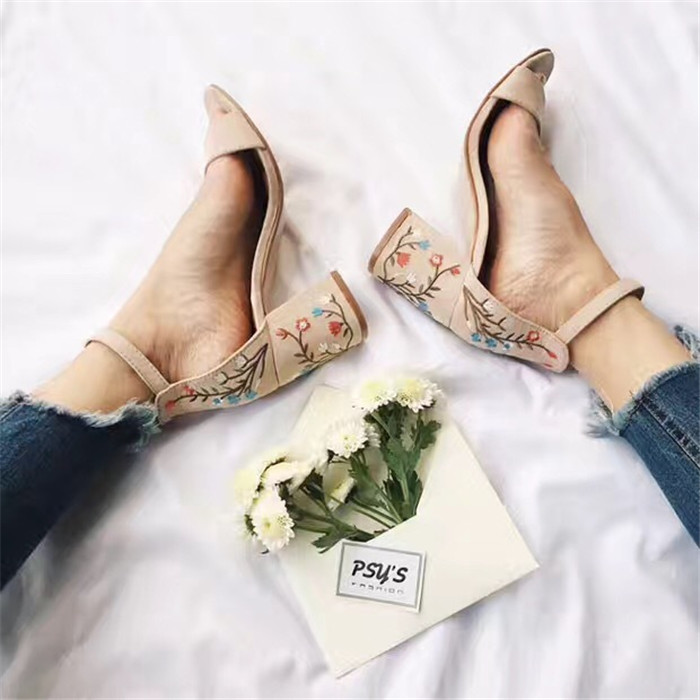 Block Heeled Ankle Strap Embroidered Sandals